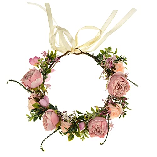 DreamLily Girls Camellias Flower Crown Birthday Photo Pops Hair Wreath Wedding Festival Floral Headpiece XM11 (A-Champagne)