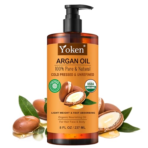 Yoken Organic Argan Oil for Hair 4 Fl Oz, USDA Pure and Natural Morocco Argan Oil, Argon Oil For Hair, Scalp, Face & Skin Care, 100% Cold Pressed Hair Conditioner, Unrefined Argon Nails Carrier Oil
