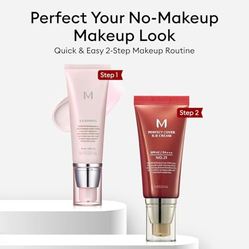 MISSHA BB ESSENTIALS KIT M PERFECT COVER BB CREAM No.21 Light Beige - Light with Cool Undertone/SPF 42 PA+++ 1.69 oz & M BB Boomer 1.35 oz -Lightweight, Multi-Function, High Coverage