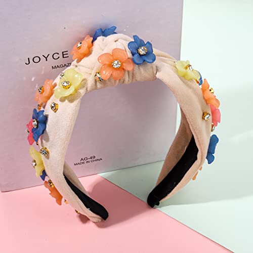 Crystal Flower Knotted Headbands for Women Sparkle Rhinestone Floral Jeweled Embellished Top Knot Hairband Statement Fashion Wide Turban Hair Hoop Hair Accessories for Girls Ladies