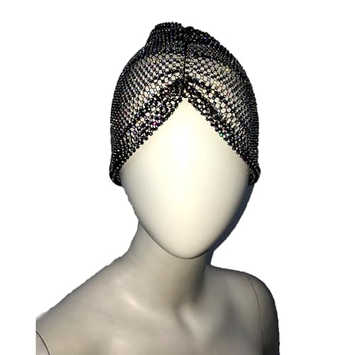 Sparkly Rhinestones Mesh Headband Beanie Women Girls Crystal Net Turban Headwrap Headpiece Glittery Christmas Halloween Costume Hairbands Nightclub Rave Party Head Cover Wraps Headscarf