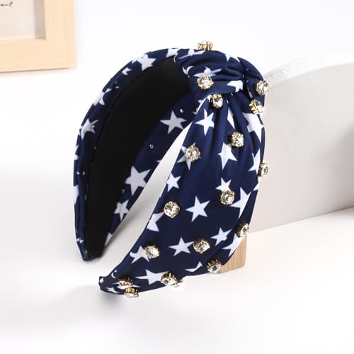 Ardorchid 4th of July Headbands for Women Girls America Independence Day Patriotic Headbands Rhinestone Knotted Wide USA Blue Star Hair Accessories