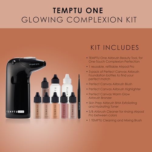 TEMPTU One Airbrush Make-up Kit for Complexion Perfection with Cordless Compressor, Medium: 11-Piece Set, Portable Air Brush Machine, 3 Shades of Foundation, Blush, Bronzer, Instant Concealer
