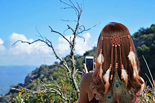 Smagiv Bohemian Peacock Feather Headband,Women Girls Hippie Gypsy Indian Dreamcatcher Braided Bead Hairband with Brown Feather Tassel for Hair Accessories,Festival Masquerades,Vocation,Party