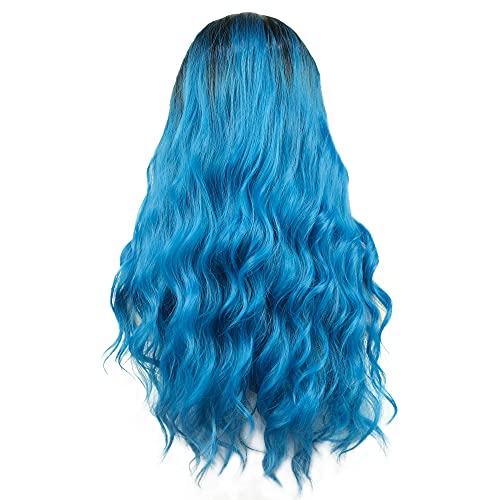 Aimole Long 24" Wavy Wigs 3/4 Women Wig With Headband Black Blue Ombre Synthetic Hair (1+T4330)