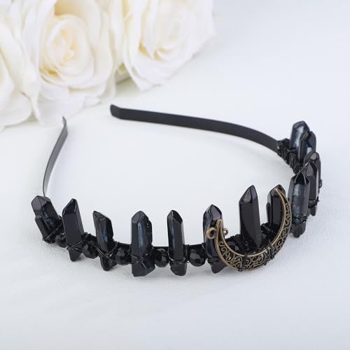 Teyglen Raw Crystal Quartz Headband Clear Crystal Headband Quartz Rhinestone Hair Hoop Band Moon Goddess Witch Headpiece Handmade Natural Stone Headpiece for Women Girls (Black)