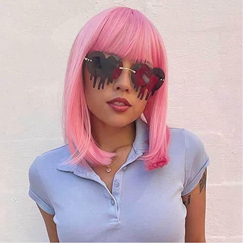 Rosa Star Ash Pink Wig Women's Short Bob Light Pink with Bangs 12'' Straight Synthetic Hair Wig for Halloween Comic-con Costume Anime Cosplay Party