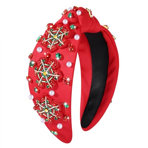 Christmas Headband Red Green Rhinestone Crystal Jeweled Knotted Heabdand Festive Holiday Wide Top Knot Hairband Headpiece Christmas Party Costume Accessories Gift (red Christmas snowflake headband)