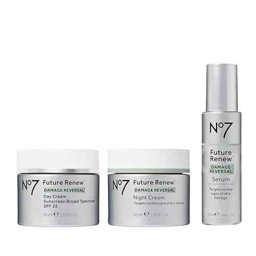 No7 Future Renew Damage Reversal Skincare Set - Anti Aging Face Serum (.33 Fl Oz), Day Cream with SPF 25 (1.69 Fl Oz) & Night Cream (1.69 Fl Oz) - Reverses Visible Signs of Sun Damage - 3-Piece Set