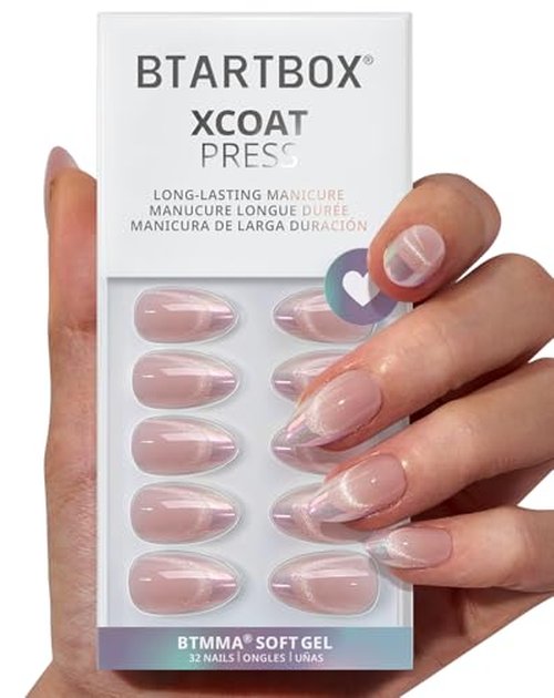 BTArtbox Press On Nails Almond - Short Soft Gel Fake Nails with Nail Glue, Opaque Reusable Stick On Nails in 16 Sizes - 32 Nail Kit, Falling Star Cat Eye