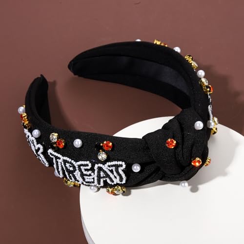 Halloween Pumpkin Ghost TRICK TREAT Headband Pearl Rhinestone Beaded Jeweled Knotted Wide Headband Halloween Makeup Costume