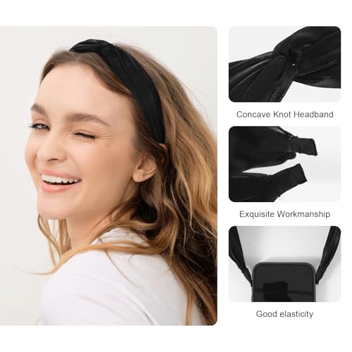 DOCILA Black Headbands For Women, Womens Satin Knotted Hair Bands Head Bands, Woman Silky Hair Scarf Scrunchies Hair Ribbons, Black Hair Accessories