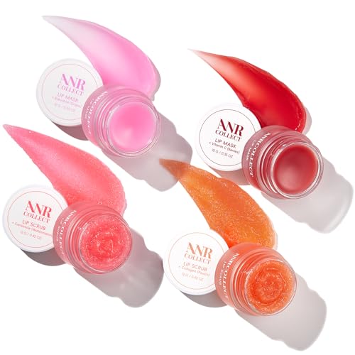 ANRCOLLECT Lip Scrub & Lip Mask - Overnight Treatment Lip Care Kits with 2 Lip Exfoliator & 2 Sleeping Lip Balm, Intense Hydration Lip Set for Dry Chapped Cracked Lips, Exfoliate & Moisturize (4 Pack)