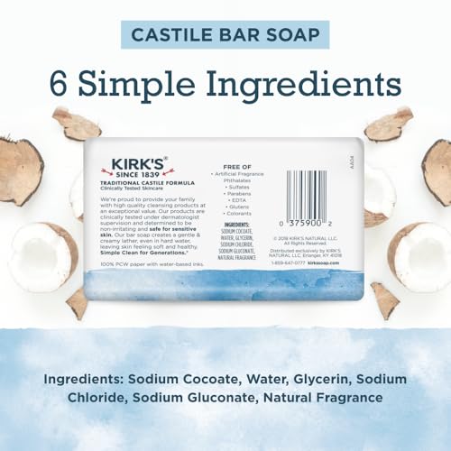 Kirk's Castile Bar Soap for Men, Women & Children - Made with Premium Coconut Oil, Sensitive Skin Formula, Vegan, Non GMO, Original Fresh Scent, 4 oz. Bars, 48 Pack