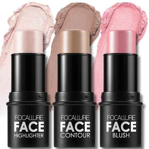 FOCALLURE 3 Pcs Cream Contour Sticks,Shades with Highlighter & Bronzer & Blush,Non-greasy Long-wear Face Contouring Pen,Easy to Sculpt the Face and Create a Lightweight Finishing Makeup,FAIR