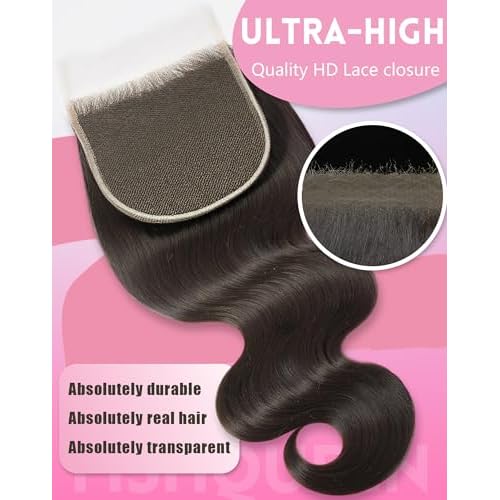 5x5 HD Lace Closure Skinlike Transparent Frontal 100% Real HD Lace Body Wave Human Hair 16Inch 0.095mm Ultra-Thin Invisible Swiss Lace Closure Only Bleached Small Single Knots Raw Human Hair