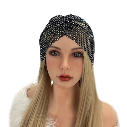 Sparkly Rhinestones Mesh Headband Beanie Women Girls Crystal Net Turban Headwrap Headpiece Glittery Christmas Halloween Costume Hairbands Nightclub Rave Party Head Cover Wraps Headscarf