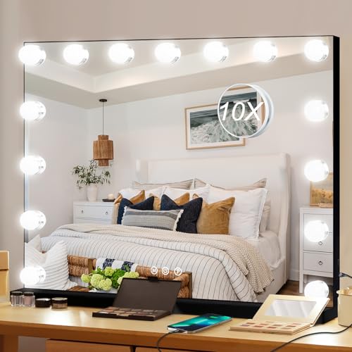 Moonee Black Vanity Mirror with Lights, Hollywood Lighted Makeup Mirror with 15 Dimmable Bulbs and 10X Magnification, 3 Colors Modes, Aluminum Metal Frame, Light Up Mirror for Tabletop/Wall£¨23" x 18"£©