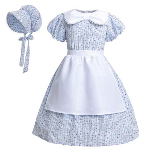 LTAKK Prairie Dresses Girls Pioneer Colonial Costume Girl Pilgrim Dress with Apron and Bonnet, Blue Plaid Floral, Small