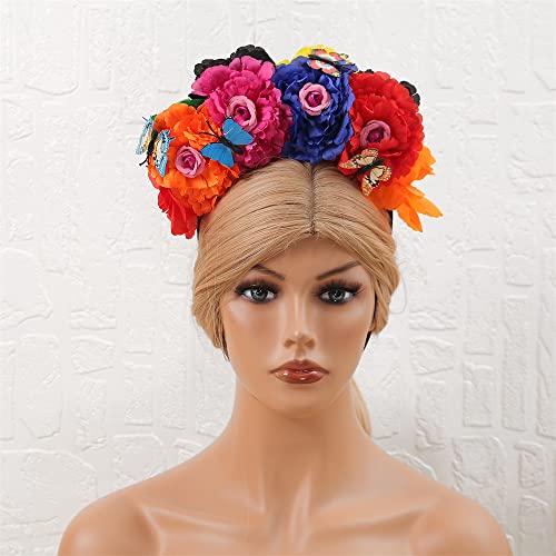 Mexican Flower Crown Headband with Butterfly, Day of the Dead Headpiece, Halloween Easter Festival Headwear, Dia De Los Muertos Hairhoop (Mexican B)