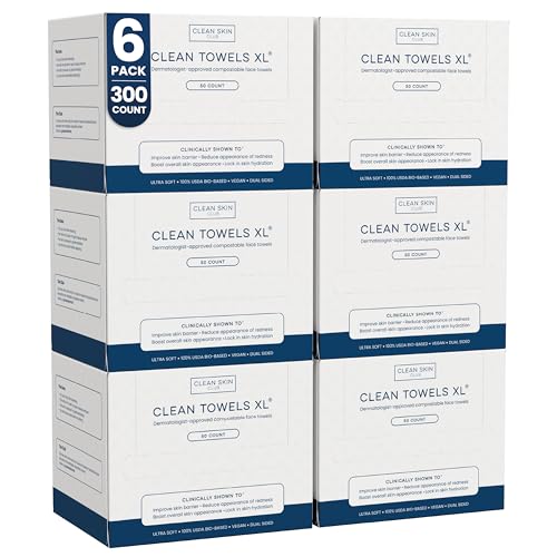 Clean Skin Club Clean Towels XL¢ç, 100% USDA Biobased Face Towel, Disposable Face Towelette, Eczema Association Accepted, Makeup Remover Dry Wipes, Ultra Soft, 50 ct per pack, 6 Packs, 300 Ct Total