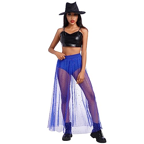 Women's Sheer Mesh 2 in 1 Glitter Sequin Elasticized High Waist A Line Party Maxi Skirt Sparkle Galaxy Sequin Tulle Cover ups Festival Outfits Costume Royal Blue S