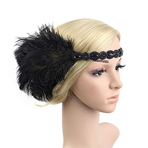 Roaring Art Deco 1920s Headpieces for Women Flapper Headband 20s Gatsby Costume Peacock Hair Accessories 06Black