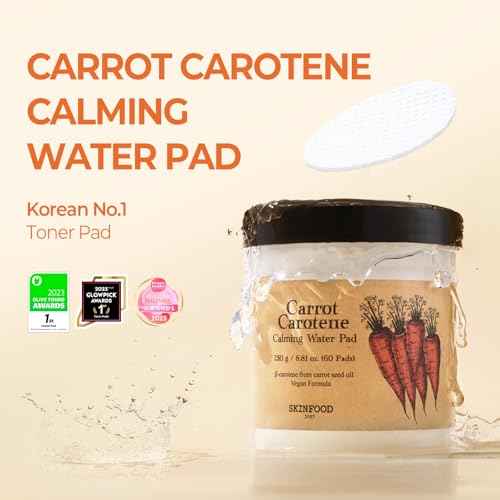 SKINFOOD Carrot Carotene Calming Water Toner Pads, Korean Skin Care Toner Pad for Face, Deep Hydrating, Soothing, After Sun Skincare for Sensitive Skin, Redness Relief, 100% Cotton, 8.81 oz (60 Pads)