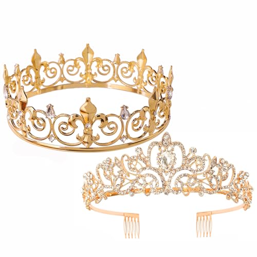 AMind4U 2PCS King and Queen Crown Set Metal Crown for Men and Women Crystal Tiaras for Girls Costume Accessories for Prom Wedding (Gold 1)