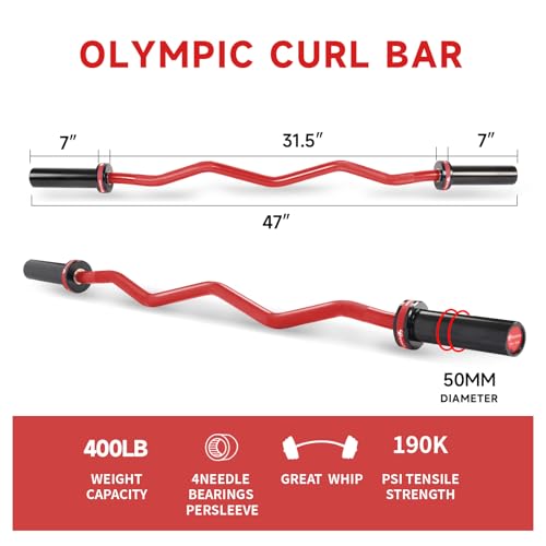 Olympic EZ Curl Barbell Bar, 400LBS Weight Capacity Olympic Curl Bar, 4ft Barbell Weight Bar with Knurled Grip for 2 Inch Weight Plates, Hip Thrusts,Squat,Biceps-Home Gym Weight Bar