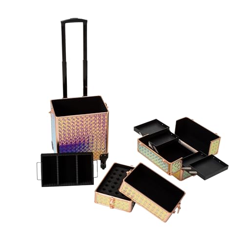CHANNCASE 4 in 1 Portable Traveling Aluminum Professional Makeup Trolley Cart with Multiple-Sized Compartments and Wheels (Golden diamond)