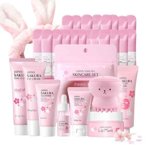 Japan Sakura Skin Care Set for Teen Girls - Evolvique Skin Care for Teens 10-12 - Skincare for Girls 10-12 - Skin Care Kit Gift Set for Women with Cleanser,Serum,Cream(One Size, 8PCS Sakura Scent)