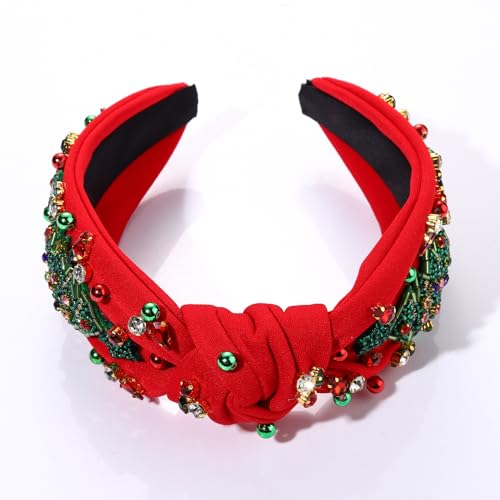 Christmas Headband for Women Beaded Christmas Tree Reindeer Snowflake Headband Jeweled Rhinestone Pearl Knotted Headband Christmas Holiday Hair Accessories Outfit Party Favors (Xmas Tree 1 - Red)