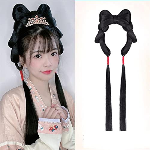 Oligage Hanfu Wig Headband Women Chinese Style Hair Piece Antique Modelling Cosplay Pad Hair Accessorie Headdress Black (Color : VM137-2)