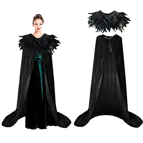 Huralona Unisex Hooded Cape Long Velvet Cloak with Natural Feather Shrug Cape Shawls (Purple-Black)