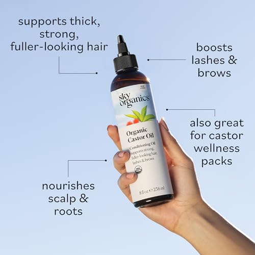 Sky Organics - 8 oz Organic Castor Oil | 100% Pure Cold Pressed Castor Hair Oil for Scalp, Lashes, Brows | Natural Conditioner |Omega Fatty Acids |Vegan Hair Care | 8oz w/Exclusive Ebook