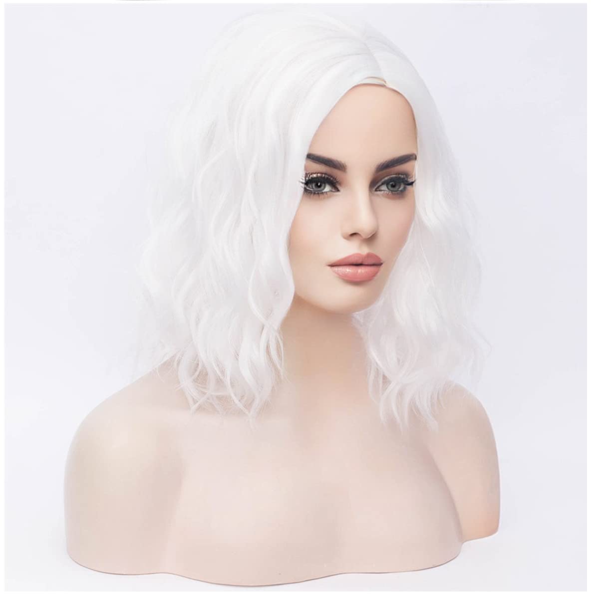 MAGQOO White Wig for Women Girls White Bob Wig Short White Wigs White Curly Wavy Wigs Side Part Synthetic Halloween Cosplay Costume Party Wigs