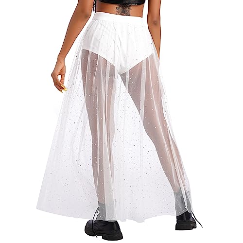 Women's Sheer Mesh 2 in 1 Glitter Sequin Elasticized High Waist A Line Party Maxi Skirt Sparkle Galaxy Sequin Tulle Cover ups Festival Outfits Costume White Polka Dot S