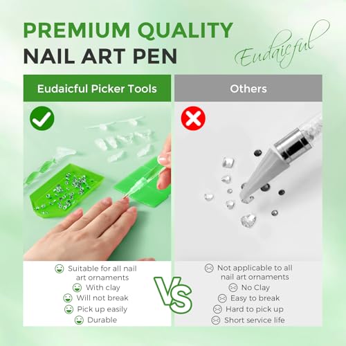 Eudaicful Rhinestone Picker Tool Kit: 2Pcs Rhinestone Picker Handle, Dual-Ended Rhinestones Applicator Dotting Tools Pen with 12 Upgraded Plastic Replacement Tips, Clay for DIY Nail Art Craft (Blue)