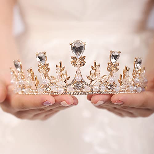 Wekicici Queen Tiaras Crystal Pearl Crown Gold Flower Leaves Baroque Wedding Headband Headpieces Crown for Birthday Pageant Prom Bridal Party for Women(Gold)