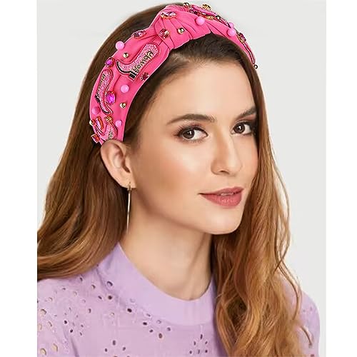 Western Cowgirl Headband Accessories for Women Cowgirl Cowboy Boot Embellished Headband Rhinestone Crystal Pearl Top Knot Headband Rodeo Nashville Bachelorette Party Country Concert Outfit (Blue)