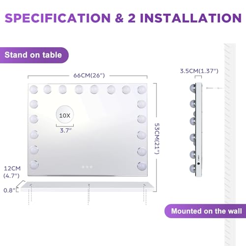 M MIVONDA Hollywood Vanity Mirror with 18 Bulbs Lights, Large Lighted Makeup Mirror for Desk and Wall, Dimmable 3 Lighting Modes, Plug-in & USB Charger Port, White