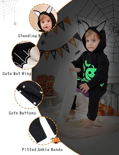 Goodstoworld Halloween Baby Bat Newborn Infant Boy Outfit Rompers 3-6 Month Girl Glowing Stuff Gender Neutral Clothes Black Long Sleeve Bodysuit with Hat