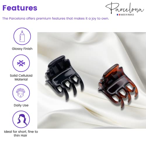 Parcelona French Glossy Square Very Small 3/4" Black Celluloid Set of 2 No Slip Grip Jaw Hair Claw Durable Styling Women Hair Accessories Strong Hold Girls Hair Claw Clips, Made in France