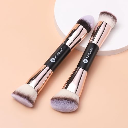 KINGMAS Foundation Makeup Brushes, 2Pcs Premium Double-Ended Makeup Brush (Flat/Angled/Angled Round/Tapered Top) for Buffing Liquid, Cream, Powder, Blending Face Brush