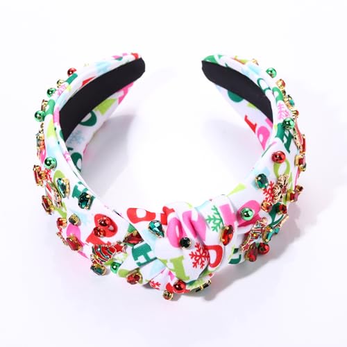 PHALIN Christmas Holiday Headband for Women Christmas Accessories Reindeer Snowflake Candy Cane Knotted Headband Red Green Beaded Rhinestone Pearl Wide Top Knot Headband Xmas Plaid Hairband (HOHOHO)