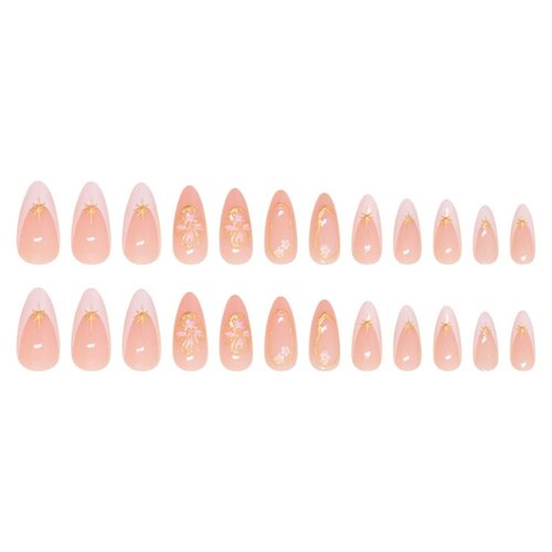 Medium Press on Nails Almond - White French Tip Fake Nails with Flower Design - Gold Stripes Stick on False Nails for Women 24 Pcs