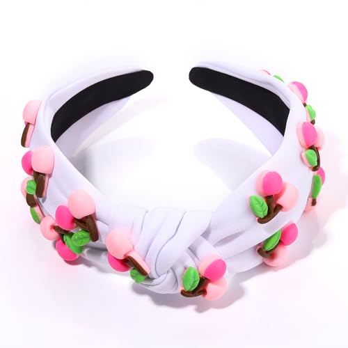 VOGUEKNOCK Fruit Headbands for Women Girls Tropical Cherry Knotted Headband Summer Beach Headwear Hair Accessories (Cherry-White)