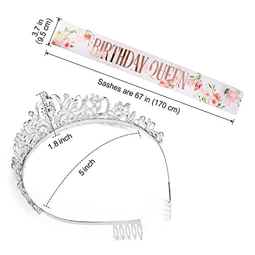 COCIDE Birthday Queen Sash & Rhinestone Tiara Set Silver Birthday Sash and Tiara for Women Birthday Decoration Kit Rhinestone Headband for Girl Glitter Crystal Hair Accessories for Party Cake Topper