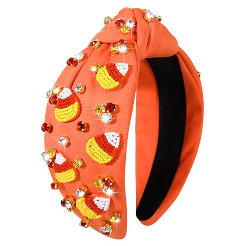 Halloween Headband Accessories for Women Crystal Pearl Knotted Headband Embellished Beaded Pumpkin Candy Corn Boo Headbands Rhinestone Jeweled Top Knot Headband Costume Party Favors (Candy Corn 3)